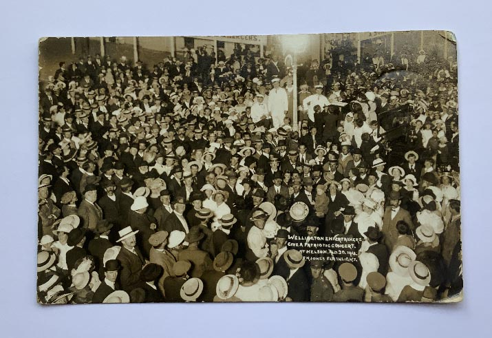 WWI 1915 New Zealand FN Jones postcard titled WELLINGTON ENTERTAINERS GIVE A PATRIOTIC CONCERT AT NELSON FEB.20.1915